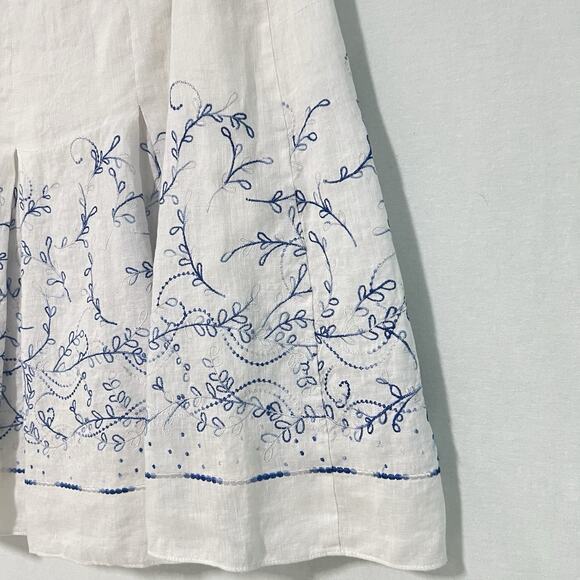 Ann Taylor 100% Linen A Line Skirt Size 8 White Blue Embroidered Floral Lined - Picture 3 of 12